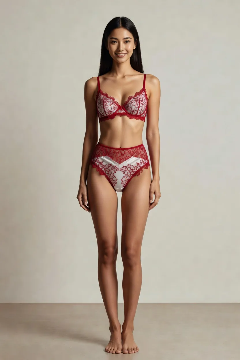 紅と白の美しいランジェリーを着用した日本人女性。銀座の老舗紅麗の静かな優雅さを表現